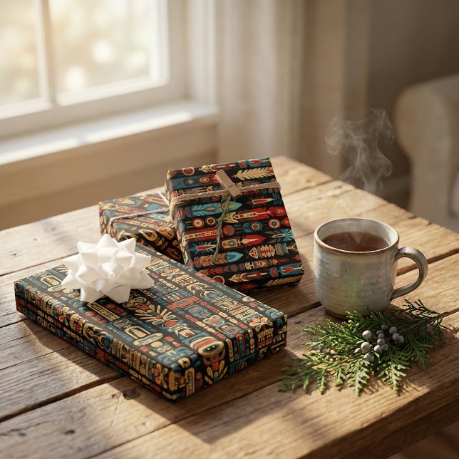 Design der amerikanischen Totem-Polen und Federn Geschenkpapier Set (Von Creator hochgeladen)