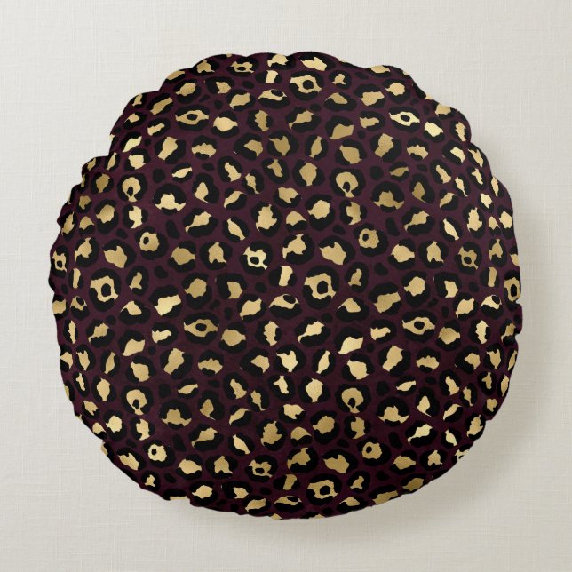 Design der Burgund-Gold-Leopard-Serie 8 Rundes Kissen (Vorderseite)