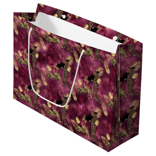 Design der Burgundy- und Gold Leopard-Serie 10 Große Geschenktüte (Vorderseite Schrägansicht)