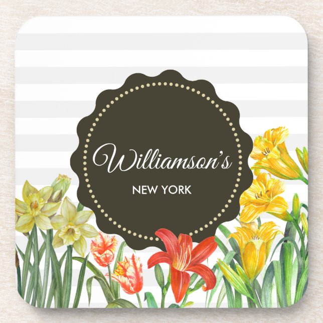 Design der gelben Orangenfrühlingsblumen Getränkeuntersetzer (Vorderseite)