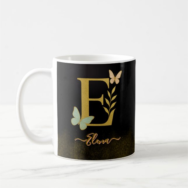 Design der Gold Letter E-Schmetterlingsmaschine Kaffeetasse (Links)