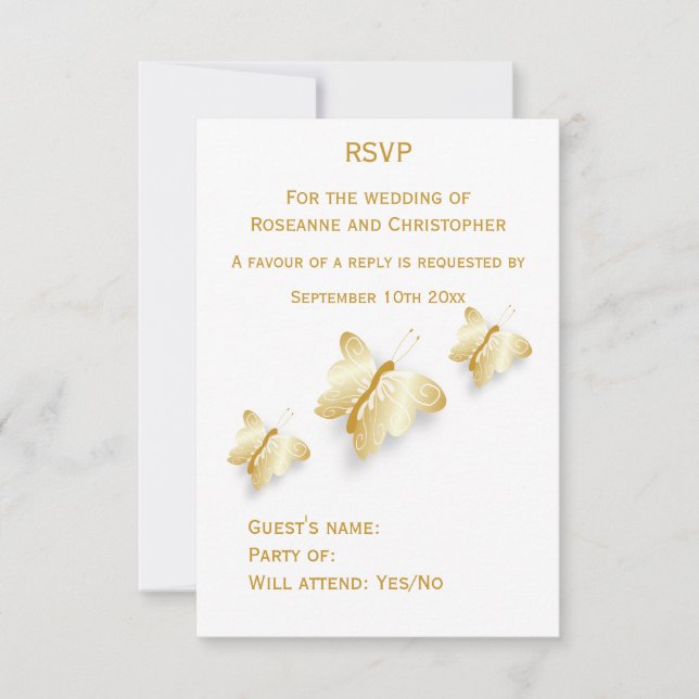 Design der Gold Wedding RSVP Card Schmetterlinge (Vorderseite)