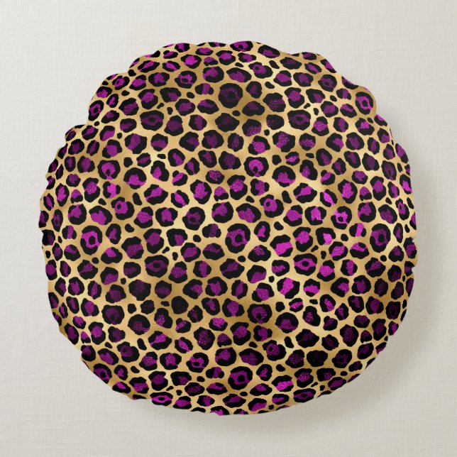 Design der lila und Gold Leopard-Serie 4 Rundes Kissen (Vorderseite)