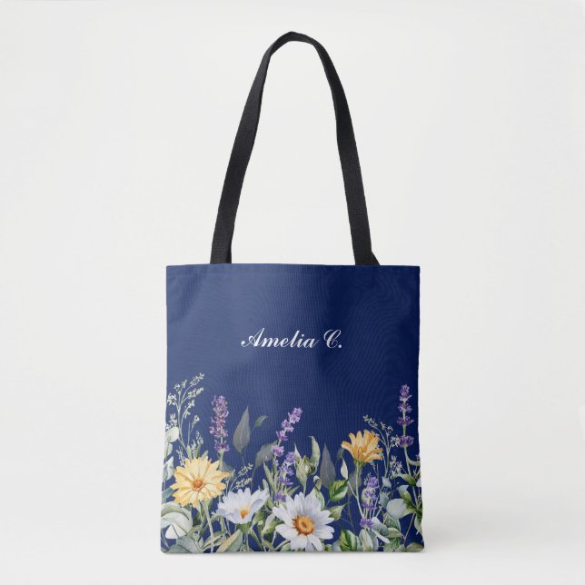 Design der niedlichen Navy Blue Boho Wildblume Tasche (Vorderseite)