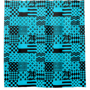 Design der Patchwork-Muster in Blau-Schwarz Duschvorhang