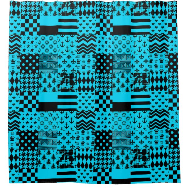 Design der Patchwork-Muster in Blau-Schwarz Duschvorhang (Vorderseite)