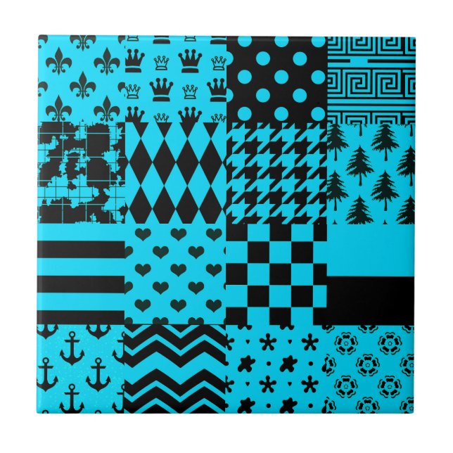 Design der Patchwork-Muster in Blau-Schwarz Fliese (Vorderseite)