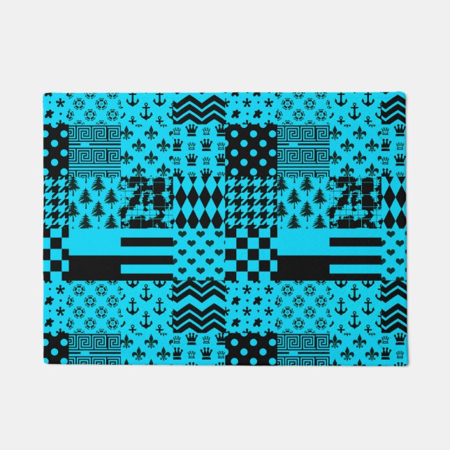 Design der Patchwork-Muster in Blau-Schwarz Fußmatte (Vorderseite)