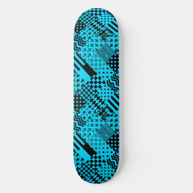 Design der Patchwork-Muster in Blau-Schwarz Skateboard (Vorderseite)
