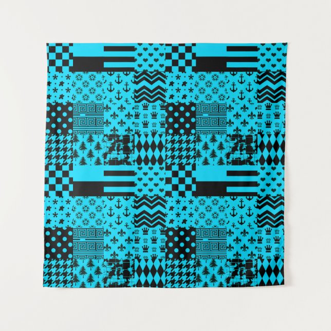 Design der Patchwork-Muster in Blau-Schwarz Wandteppich (Vorderseite)