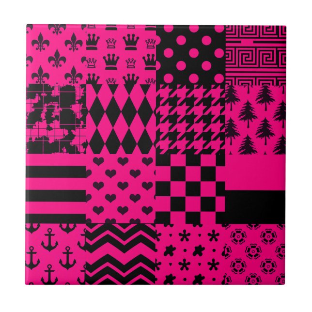 Design der Patchwork-Muster in rosa Schwarz Fliese (Vorderseite)