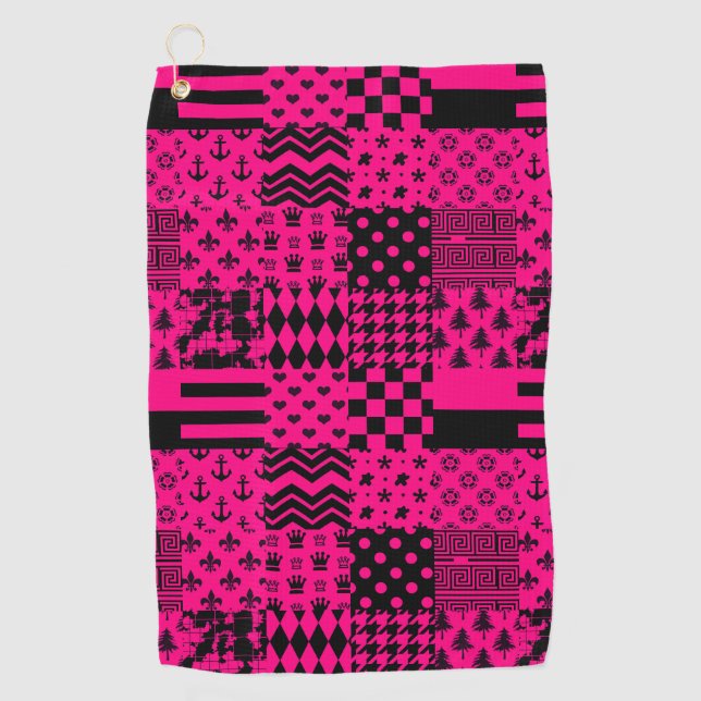 Design der Patchwork-Muster in rosa Schwarz Golfhandtuch (Vorderseite)