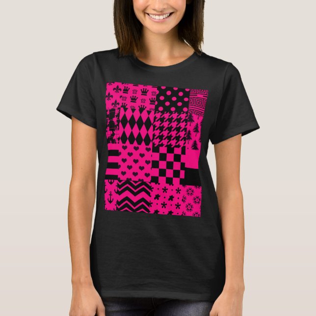 Design der Patchwork-Muster in rosa Schwarz T-Shirt (Vorderseite)