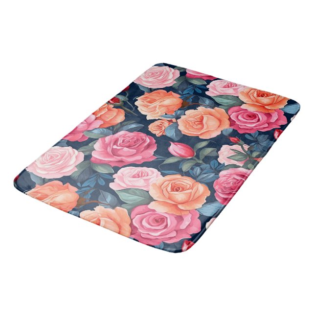 Design der rosa orangefarbenen Rose Badematte (Schrägansicht)