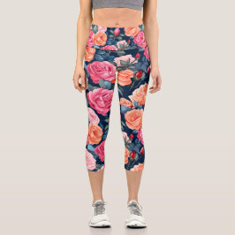Design der rosa orangefarbenen Rose Capri Leggings
