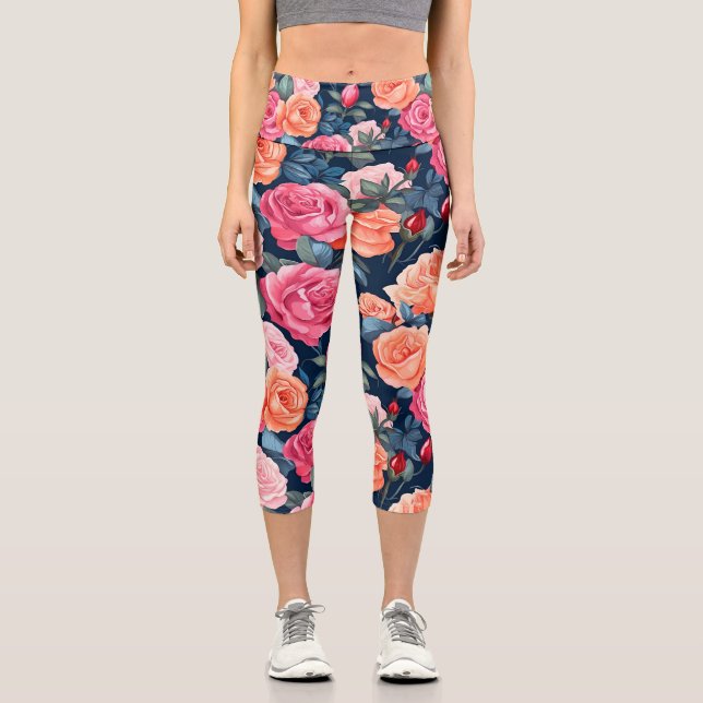 Design der rosa orangefarbenen Rose Capri Leggings (Vorderseite)