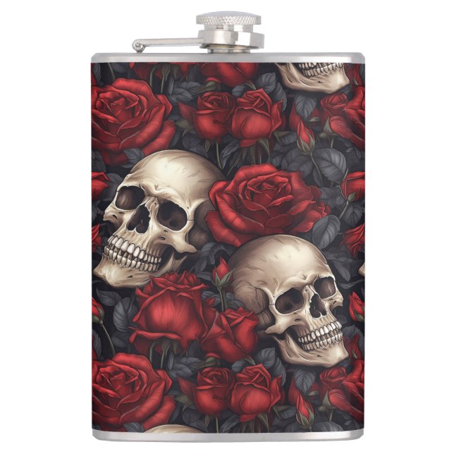 Design der Schädel- und Rose-Serie 10 Flachmann (Vorderseite)