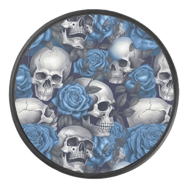 Design der Schädel- und Rose-Serie 12 Eishockey Puck (Vorderseite)