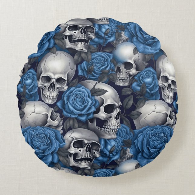Design der Schädel- und Rose-Serie 12 Rundes Kissen (Vorderseite)