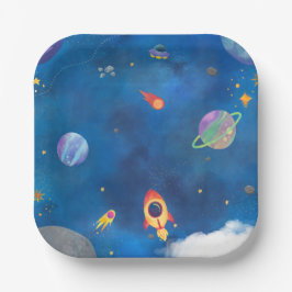 Design der Wasserfarbe im Weltraum - Dunkelblau Pappteller