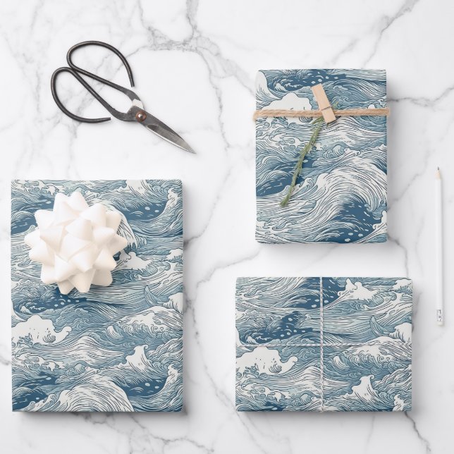Design des japanischen Wellenmusters für Schleifpa Geschenkpapier Set (Vorderseite)