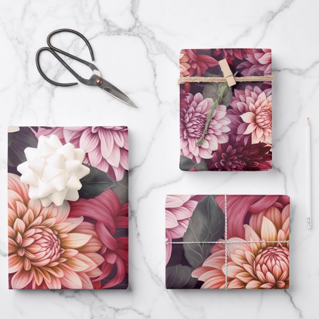 Design des Musters "Wasserfarbe Rosa Dahlia" Geschenkpapier Set (Vorderseite)