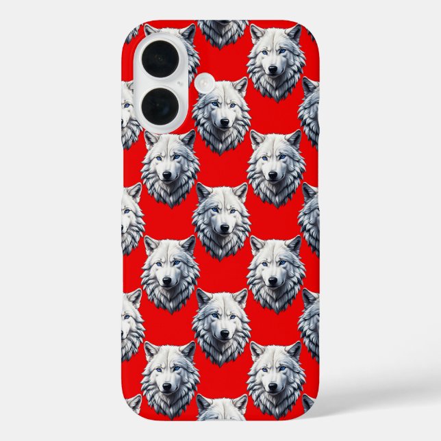 Design des Musters "White Wolf Head" - Rot iPhone 16 Hülle (Rückseite)