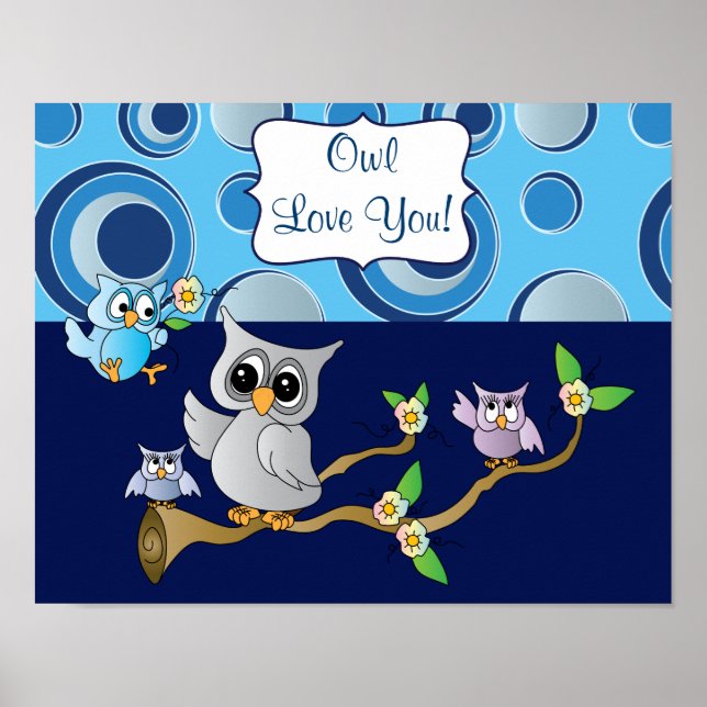 Design des Navy Blue and Gray Baby Owl Kinderzimme Poster (Vorne)