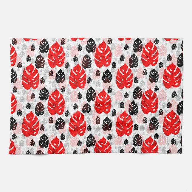 Design des roten schwarzen Leaf-Illustrationsmuste Geschirrtuch (Horizontal)