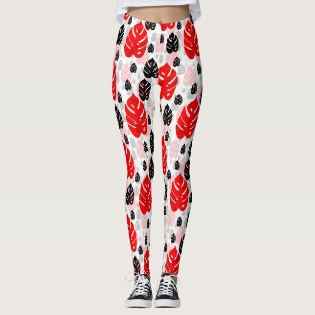 Design des roten schwarzen Leaf-Illustrationsmuste Leggings (Vorderseite)