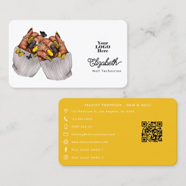 Design des schicken Schwarz-Gelb-Nagelsalons Visitenkarte (Vorne/Hinten)