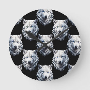 Design des weißen Wolfskopfes Runde Wanduhr