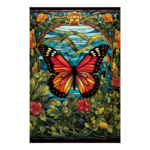 Design für ein Buntglasfenster mit Monarchfalter Poster