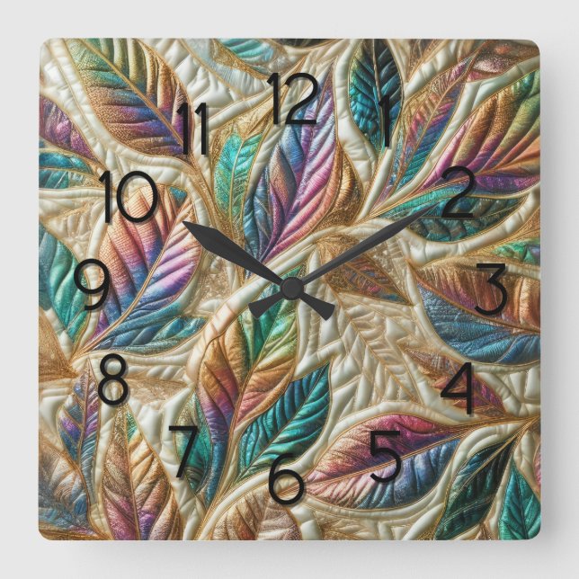 Design gequilter irrisierender Blätter Quadratische Wanduhr (Vorderseite)