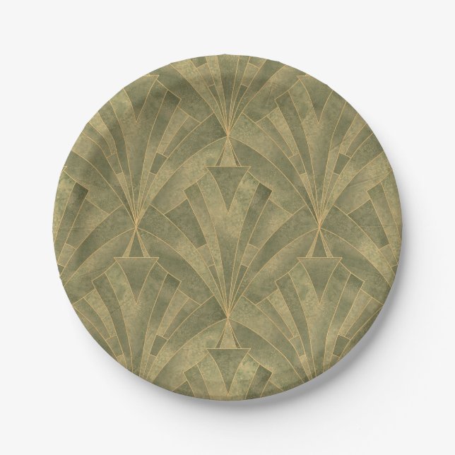 Design Grün und Gold Art Deco Muster Pappteller (Vorderseite)
