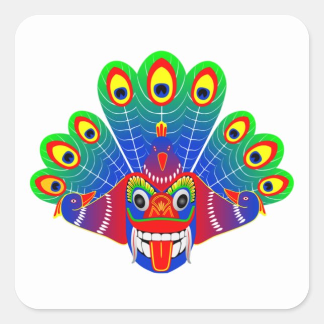 Design Mayura raksha (Sri Lanka peacock devil) Quadratischer Aufkleber (Vorderseite)