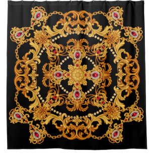 Design of silk scarf with ruby gem stones and gold duschvorhang