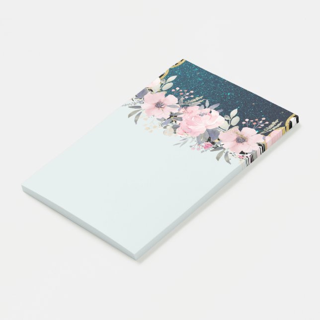 Design Own Stationery Girly Blume Blue Glitzer Post-it Klebezettel (angewinkelt)