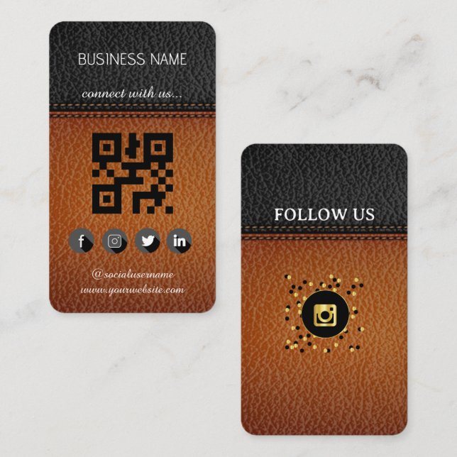 Design-Social-Media-QR-Code für braunes Leder Visitenkarte (Vorne/Hinten)