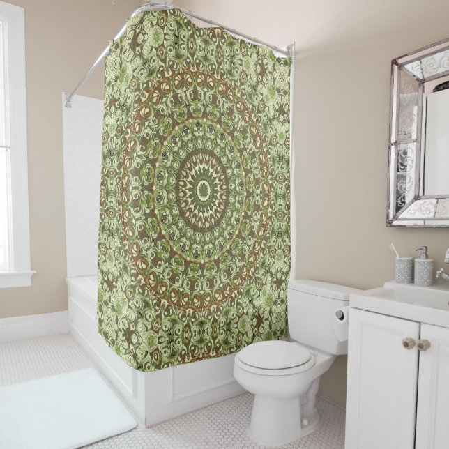 Design von Earthy Green und Brown Mandala Duschvorhang (Beispiel)