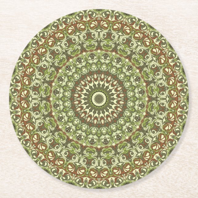 Design von Earthy Green und Brown Mandala Runder Pappuntersetzer (Vorderseite)