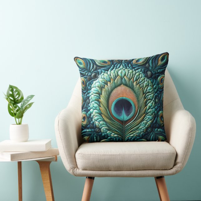 Design von gequilten Blue Peacock Feathers Kissen (Stuhl )
