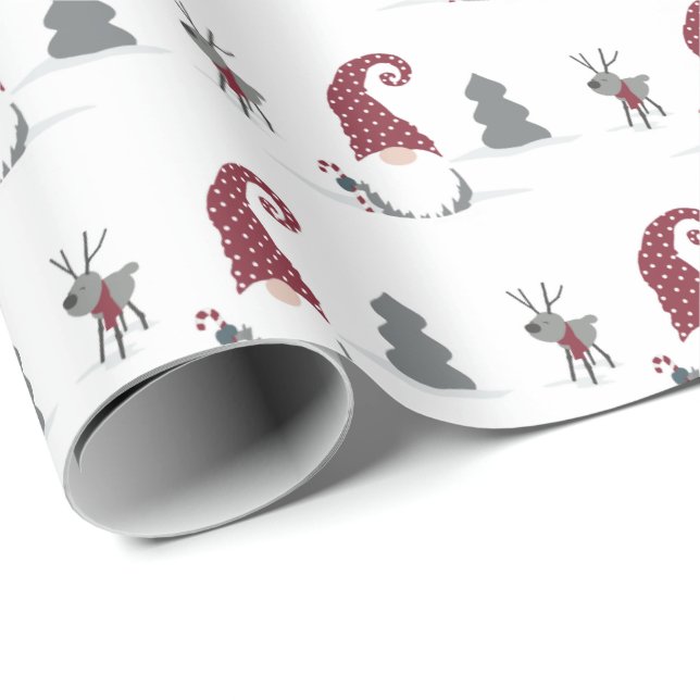 Design von Gnome und Reindeer skandinavisches Tomt Geschenkpapier (Rolleneckpunkt)