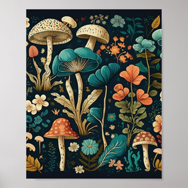 Design von Retro-Pilzen und Blume Poster (Vorne)