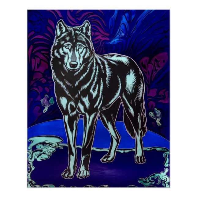 Design Wolf Poster d'Art brillant Bleu pourpre (Devant)