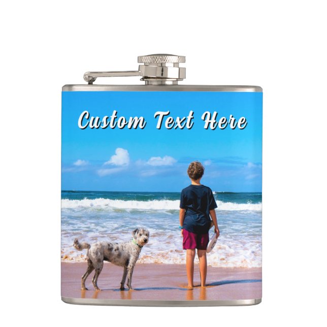 Design Your Own Pet Photo Flask Gift Custom Text Flachmann (Vorderseite)