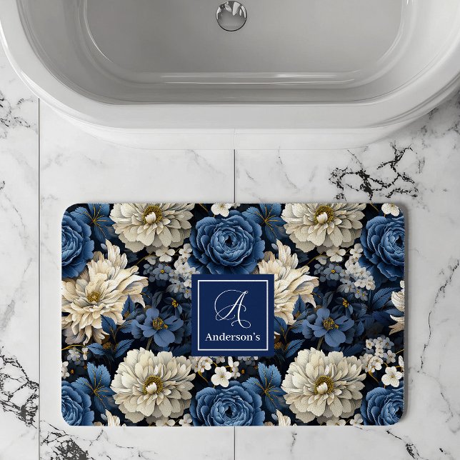 Designer Blaue Blumen Personalisierte Badematte (Designer Blue Flowers Personalized Bath Mat)