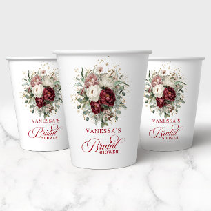 Designer Burgunder Blumen Gold Hochzeitsdusche Pap Pappbecher
