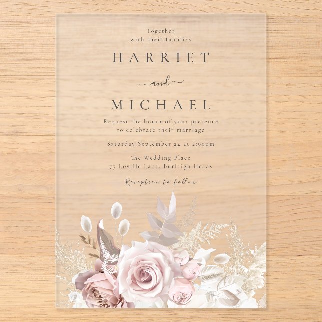 Designer Dusty Rose & Blush Floral Wedding Acryleinladungen (Vorderseite)