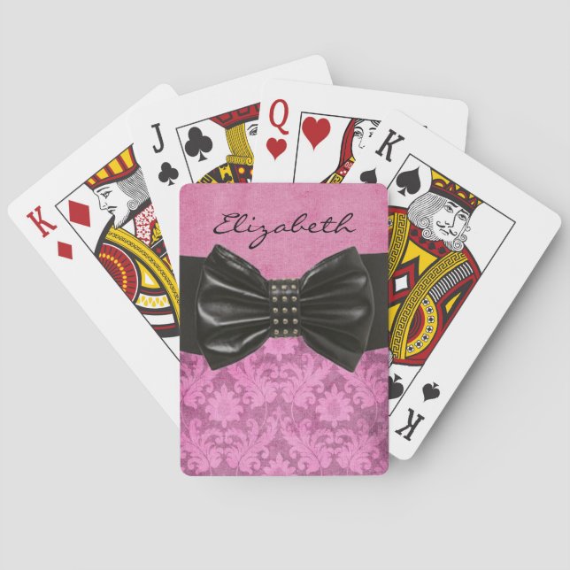 Designer Elegant Damask Rosa mit Schwarzer Bow Art Spielkarten (Rückseite)